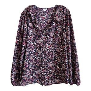 MASON & BELLE XXL 2X Blouse Button Up Dark Floral Ruffle Collar Long Sleeve 46"